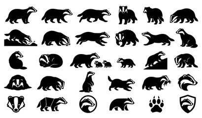 Fototapeta premium Set of badger silhouettes showing various poses and activities in a simple black and white vector style