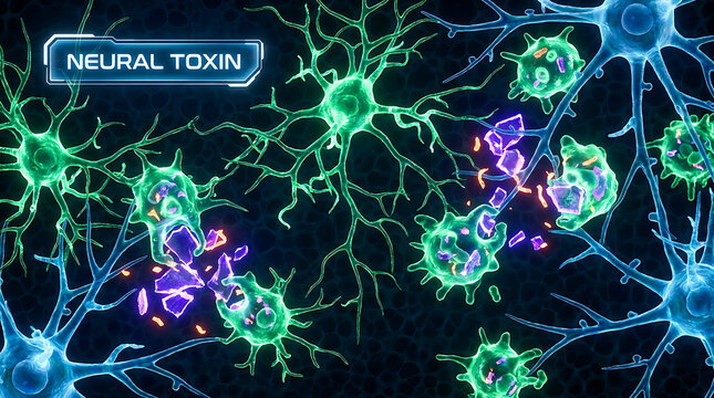 Neural toxin affecting nerve cells in microscopic brain tissue science concept