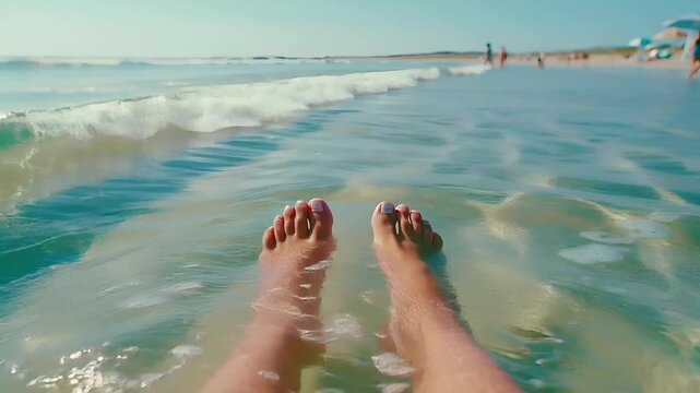Summer hot vibe lifestyle. A vivid, sunlit beach scene captures a pair of feet submerged in clear, turquoise water. The feet are positioned in the shallow water, with the toes slightly raised.