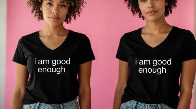 Young curly woman wears black tshirt with I good enough text slogan. Female stands against pink wall background. Person shows confidence mental health support positive message self acceptance mindset