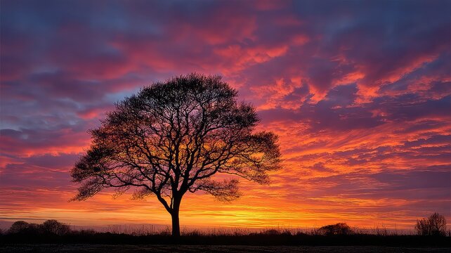 Silhouette tree against fiery sunset sky