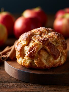 Rustic apple dumpling with a lattice pastry crust placed on a wooden board, surrounded by fresh red apples and cinnamon sticks in a warm kitchen setting