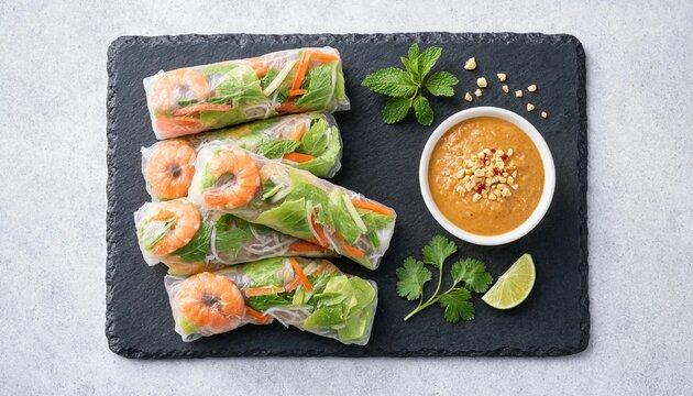 Fresh Vietnamese spring rolls with dipping sauce and garnishes on slate board