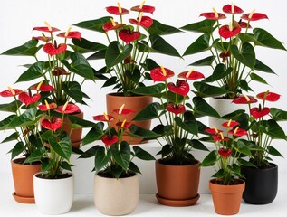 Obraz premium Collection of red anthurium flowers in various pots. Potted tropical plants with green leaves stand on white surface. Decorative botanical indoor arrangement brings vibrant natural beauty to home