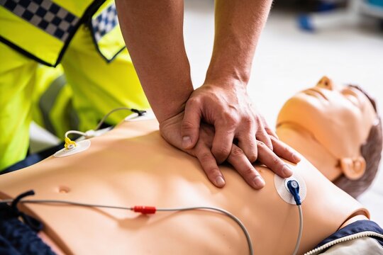 A medical professional performing chest compressions on a dummy for advanced life support training.