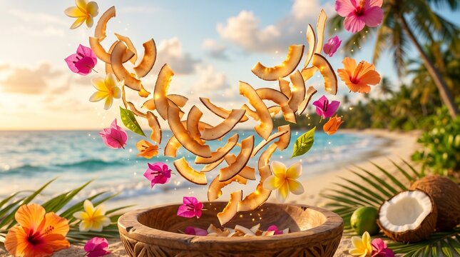Tropical coconut chips and vibrant flowers cascade onto a beach at sunset