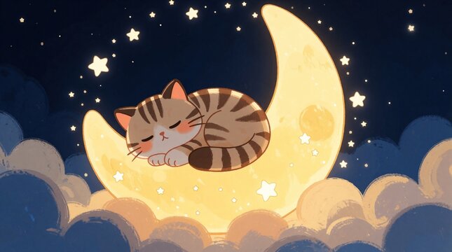 Cute tabby cat slepic curled up on yellow crescent moon. Little glowing stars shine in dark blue night sky above fluffy clouds. Dreamy artistic cartoon drawing shows peaceful kitten rest. Whimsical