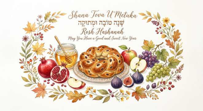 Watercolor style illustration showing wreath of autumn leaf and flower surrounding challah, honey, pomegranate and apple with Rosh Hashanah holiday greeting text