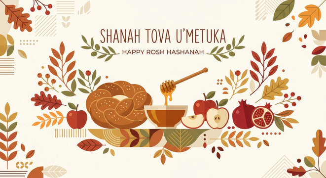 Flat lay illustration showing challah bread, honey dipper, apple, pomegranate and autumn leaf surrounding text "Shanah Tova U'Metuka"
