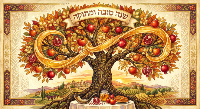 Detailed illustration showing tree of life with apple and pomegranate, flowing honey ribbon, shofar horn and Jerusalem landscape with hebrew text banner