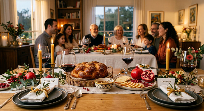 Festive table with challah bread, pomegranate, apple, honey, wine glass and candle with blurred family gathering in background