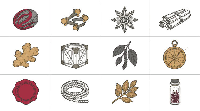 Historical Spice Trade and Maritime Commerce Icon Grid Set Featuring Nutmeg Cloves Cinnamon Ginger Wooden Crate Navigation Compass Rope and Saffron Bottle Vector
