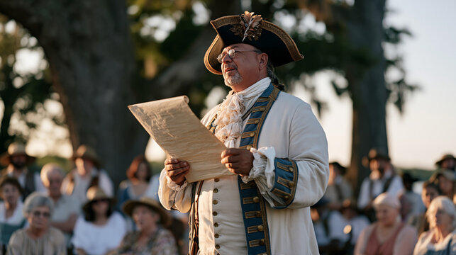 Town crier in formal uniform addresses a gathering in a nature clearing, weathered oak trees behind, a crowd of townsfolk of various ages listening as he reads a scroll, the outdoor setting adding b
