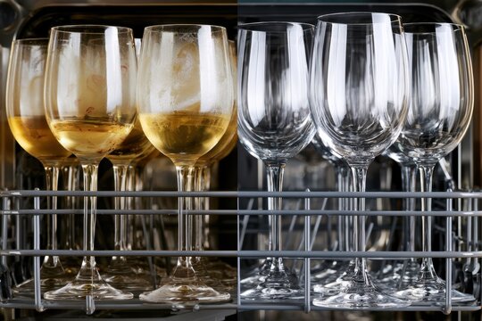 Two rows of wine glasses in a dishwasher rack showing half filled glasses with golden liquid and half empty sparkling clean transparent glasses