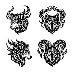 Tribal wolf head tattoo set, 4 black and white wolf illustrations with ornate filigree, mystical canine spirit animal graphics for apparel and logos © Sujon