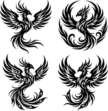 Tribal phoenix bird tattoo set, mythical firebird vector illustrations, black silhouette phoenix icons for logo design and body art