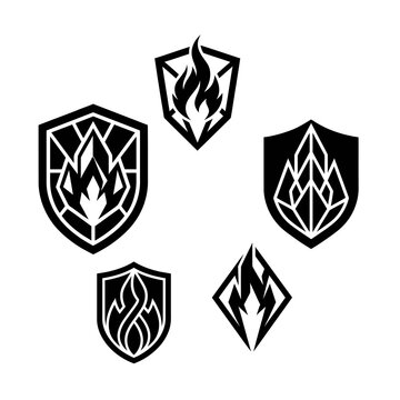 Minimalist fire shield logo set, black and white flame crest icons, geometric heraldic emblems for gaming and security branding