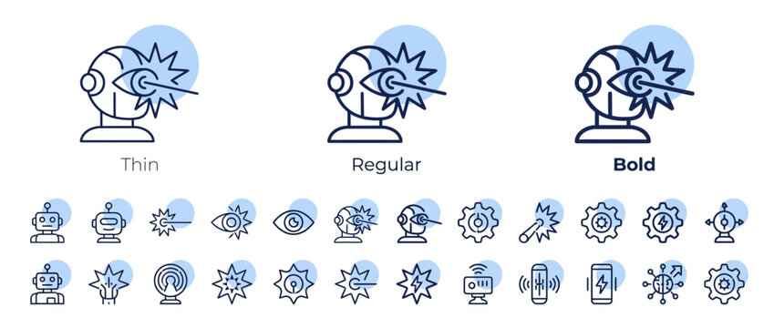 Robot laser eye with comic book starburst effect icons set for AI and futuristic technology concepts