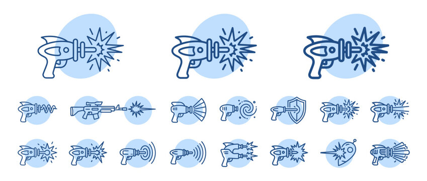 Futuristic Ray Gun and Laser Blaster Icon Collection with Starburst Effects for Sci-Fi Games