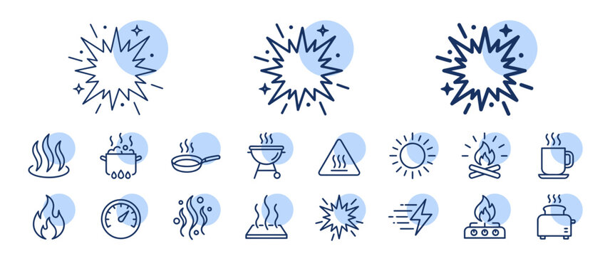 Collection of Comic Starburst Effects and Heat Icons including Fire Cooking and Energy Symbols