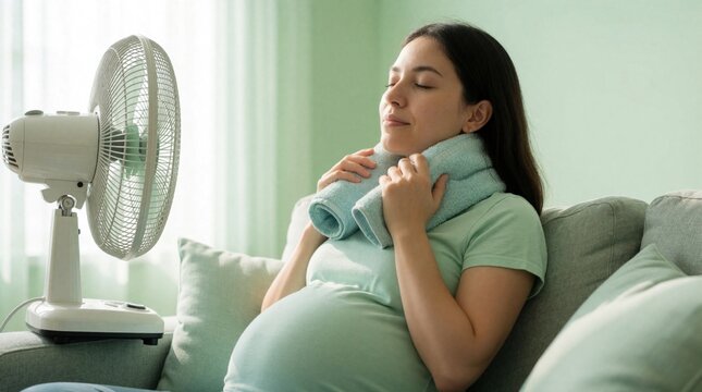 Pregnant woman cools with fan, damp towel on neck, seeking relief from summer heat indoors. Rests on sofa with eyes closed enjoying breeze. Expecting mother uses simple methods to stay comfortable