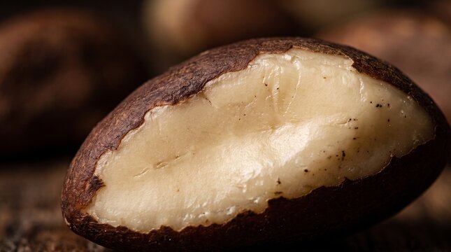 Macro shot of a Brazil nut showing its creamy white interior and brown skin