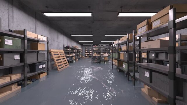 浸水した倉庫　3DCGレンダリング