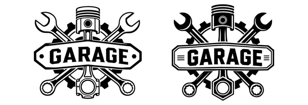 Vintage garage emblem with crossed wrenches and piston, engine parts, custom text banner.