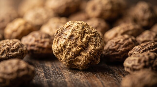 Close-up macro shot of dried tiger nuts on a rustic wooden surface
