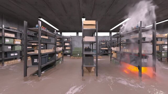 浸水した倉庫　3DCGレンダリング
