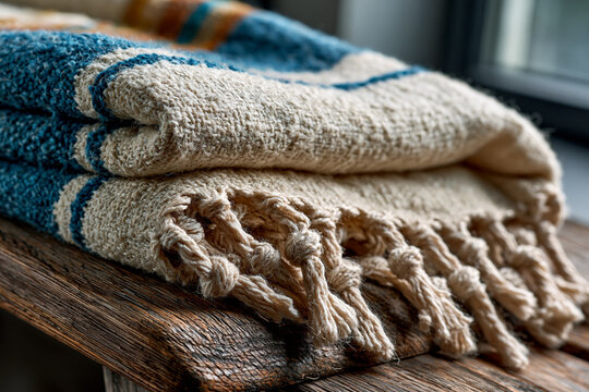 Folded Jewish ceremonial wool shawl with tzitzit fringes lying on vintage wood bench, prepared for Rosh Hashanah holiday