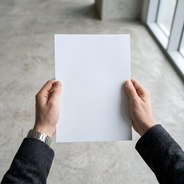 Hands holding blank white paper mockup sheet held by man in office background