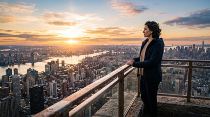 Fototapeta premium A woman looks out over a sprawling cityscape at sunset, her gaze fixed on the horizon, a symbol of aspiration and new beginnings.