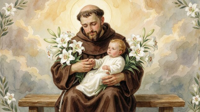 Saint Anthony of Padua holds baby Jesus in arms surrounded by white lilies. Catholic friar wears brown robe with rope belt sitting on wooden bench. Religious painting features golden halo, floral
