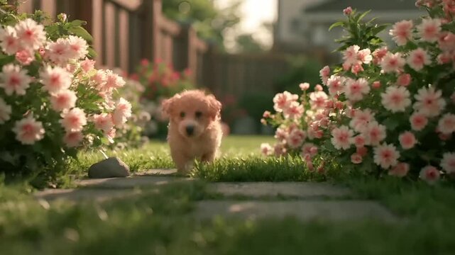 Summer hot vibe lifestyle. A vivid, sunlit photograph captures a serene garden scene. The main subject is a lush, green lawn with a variety of pink and white flowers. The flowers are in full bloom.