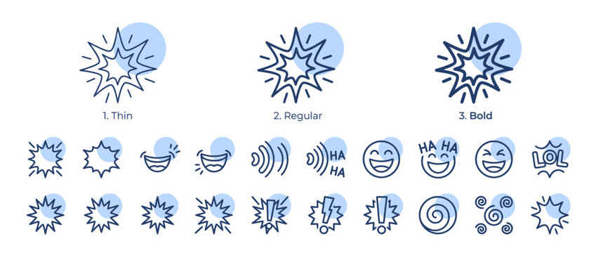 Comic Book Starburst Effect and Expression Icons Set with Thin Regular and Bold Line Weights