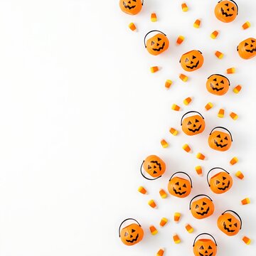 Cute plastic pumpkin buckets and traditional candy corn pieces scattered neatly on a white background with empty space.