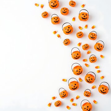 Playful Halloween composition with miniature plastic jack-o'-lanterns and sweet candy corn against a bright white backdrop for copy.