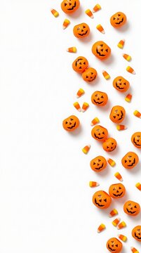Vibrant flat lay of miniature Halloween jack-o'-lantern buckets and candy corn arranged diagonally on a clean white background.