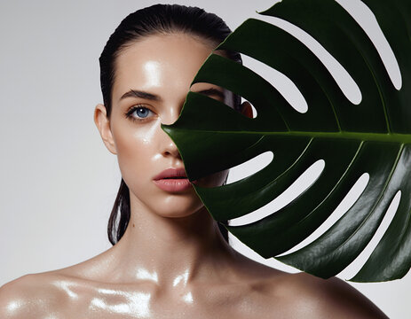 Young Woman with Luminous Skin and Tropical Monstera Leaf Beauty Portrait