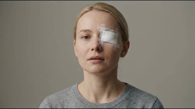 Woman Suffering from Vision Impairment with an Eye Patch on Her Face Standing Still with Calmness and Patience