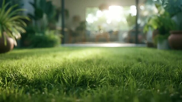 Summer hot vibe lifestyle. A closeup shot of a lush, green lawn illuminated by soft, natural light. The grass is in sharp focus, while the background is slightly blurred.