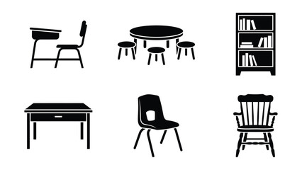 Black and white school furniture set vector icons © Md. Musaddik Rahman