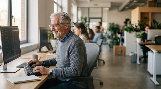 Smiling senior man programmer working on computer in modern office environment
