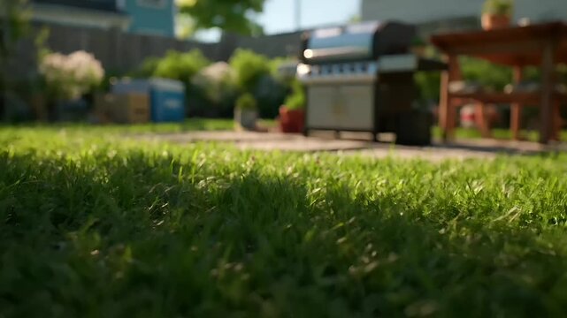 Summer hot vibe lifestyle. A vivid outdoor scene captured during the golden hour. The main subject is a closeup of a lush green lawn, illuminated by the warm glow of the setting sun.