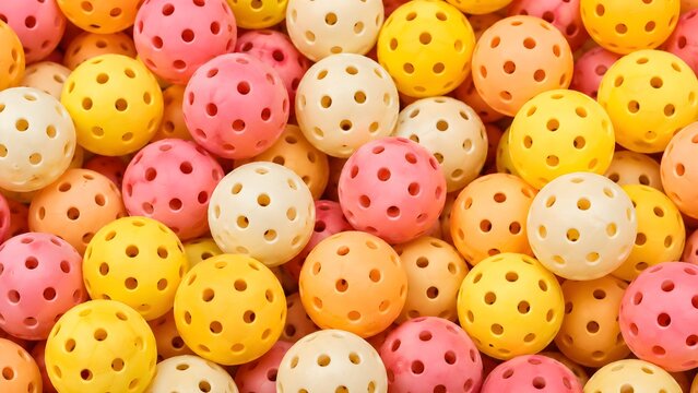 Multicolor Wiffle Balls With Circular Holes Filling The Frame To Create A Vibrant Textured Background For Recreational Sports Activity
