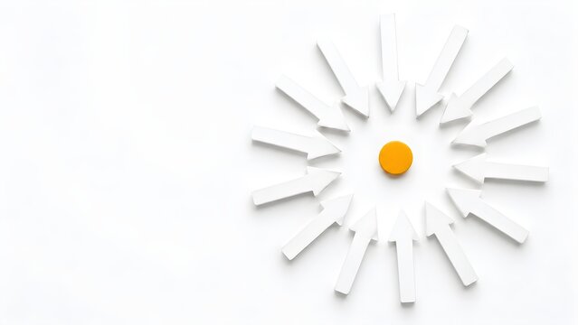 White arrows pointing towards a central bright orange circle representing strategic focus unity concentration and common goals alignment
