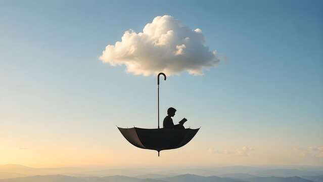 A serene silhouette of a person reading a book inside a floating umbrella carriage against a soft sky with a single cloud above