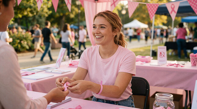 Smiling volunteer at breast cancer awareness event distributing pink ribbons