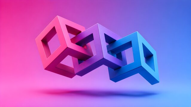 Modern 3D Abstract Representation of Interconnected Geometric Cube Structures Featuring Dynamic Gradient Colors for Digital Concept Art
